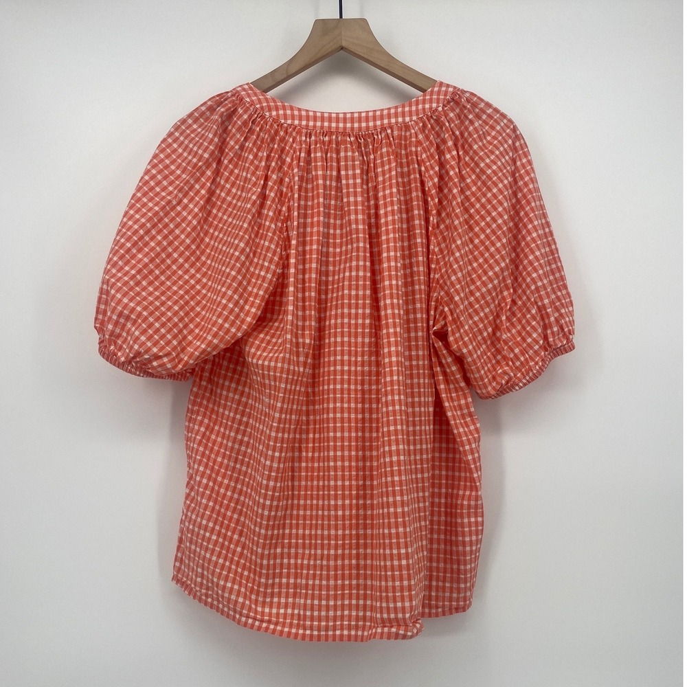 St. John's Bay Blouse XL Orange Gingham Puff Sleeve Keyhole Neck Excellent - Picture 2 of 6